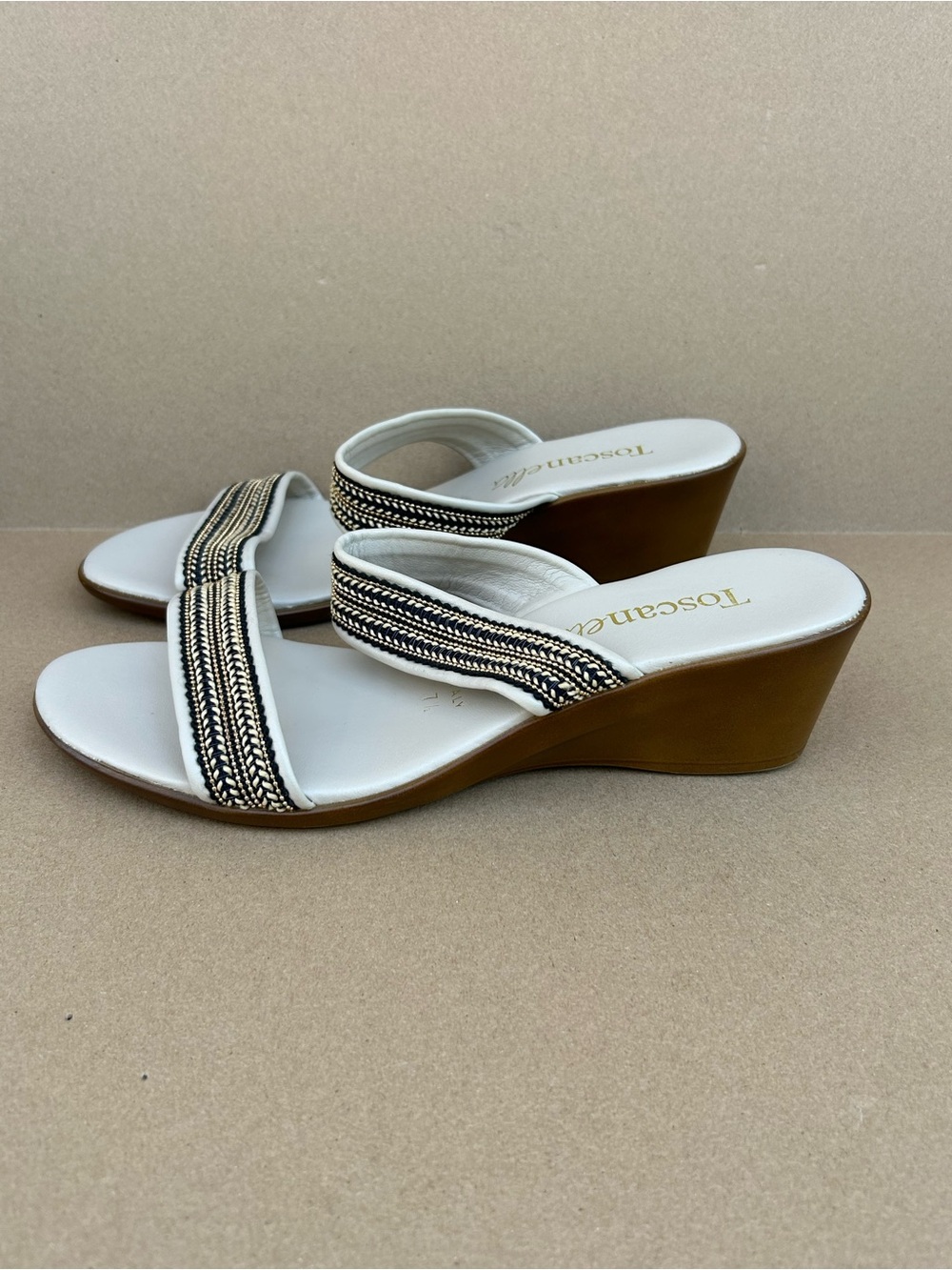 Toscanella Low Wedge Sandals Women's Tan Gold Textured Straps Slip On Women's 7